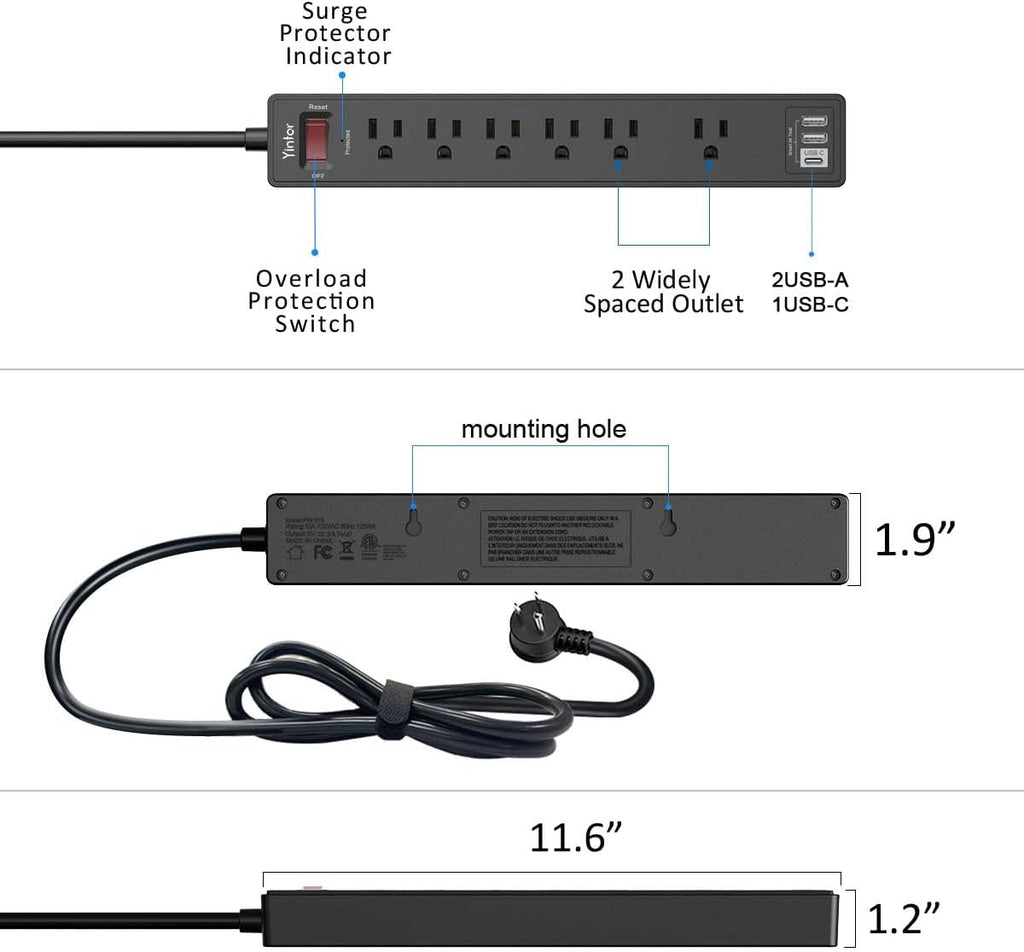 6Ft Surge Protector Power Strip with 6 Outlets & 3 USB Ports, Black