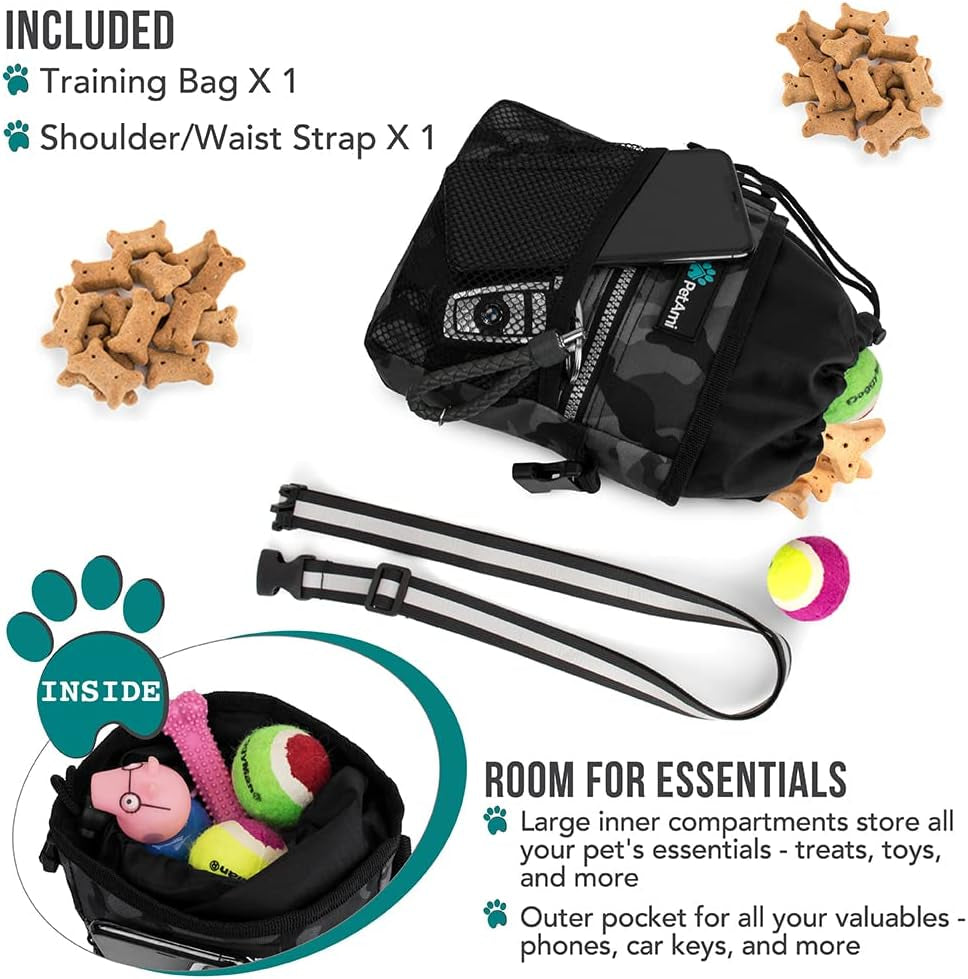 Hands Free Dog Treat Pouch for Training and Walking, Camo Black